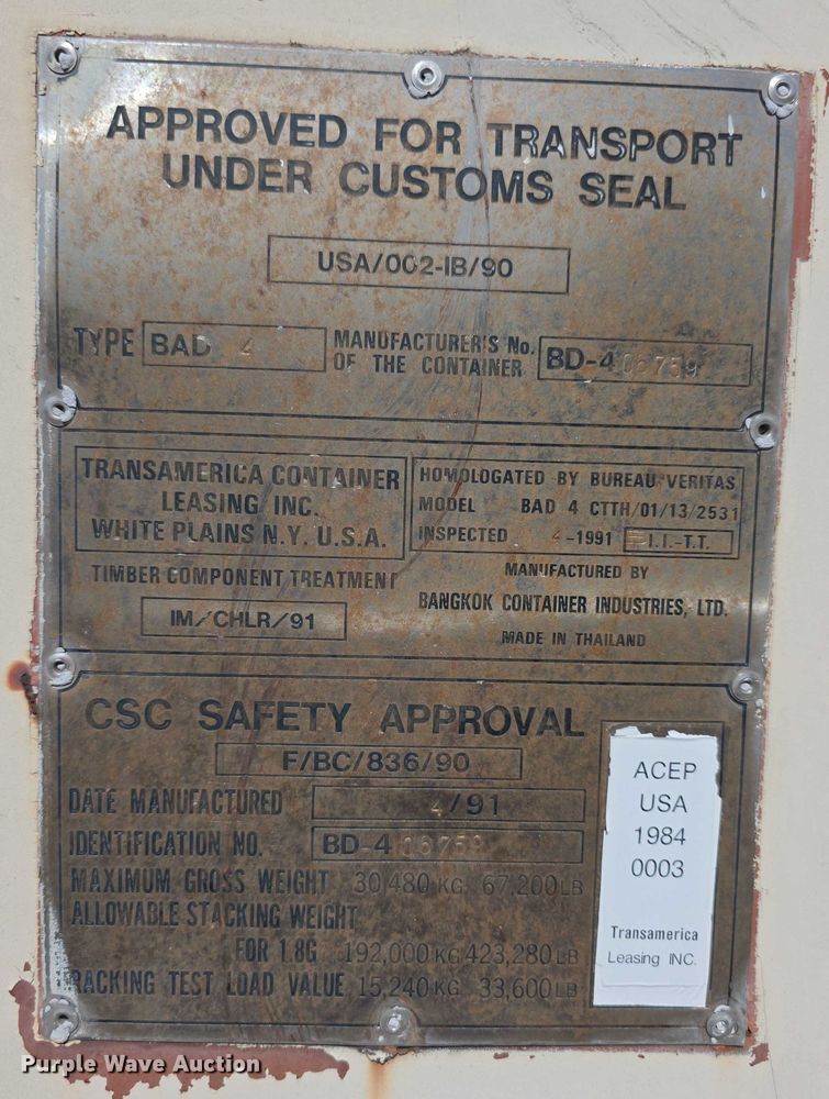 image for item EK5445 1991 TransAmerican BAD4CTTH shipping container