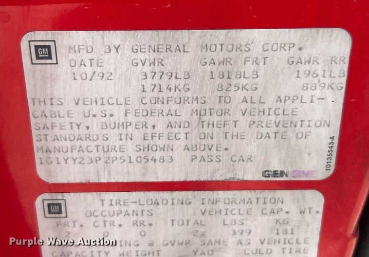 image for item EK8306 1993 Chevrolet Corvette 