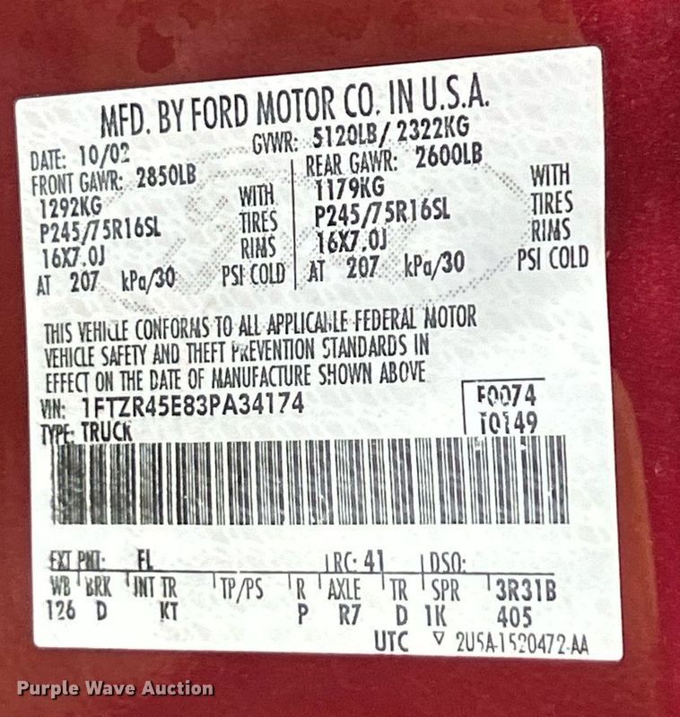 image for item EK8368 2003 Ford Ranger SuperCab pickup truck