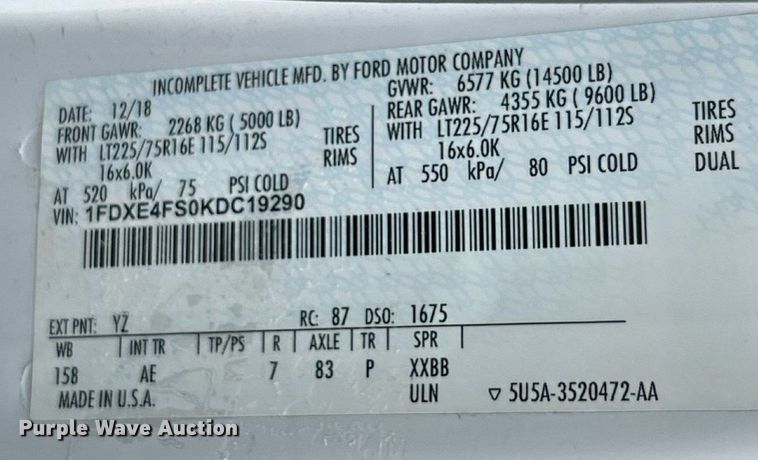 image for item EK8371 2019 Ford E450 refrigerated truck