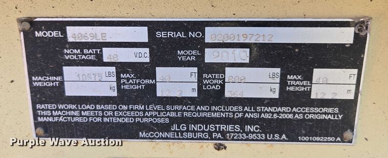 image for item EL6062 2010 JLG 4069LE scissor lift