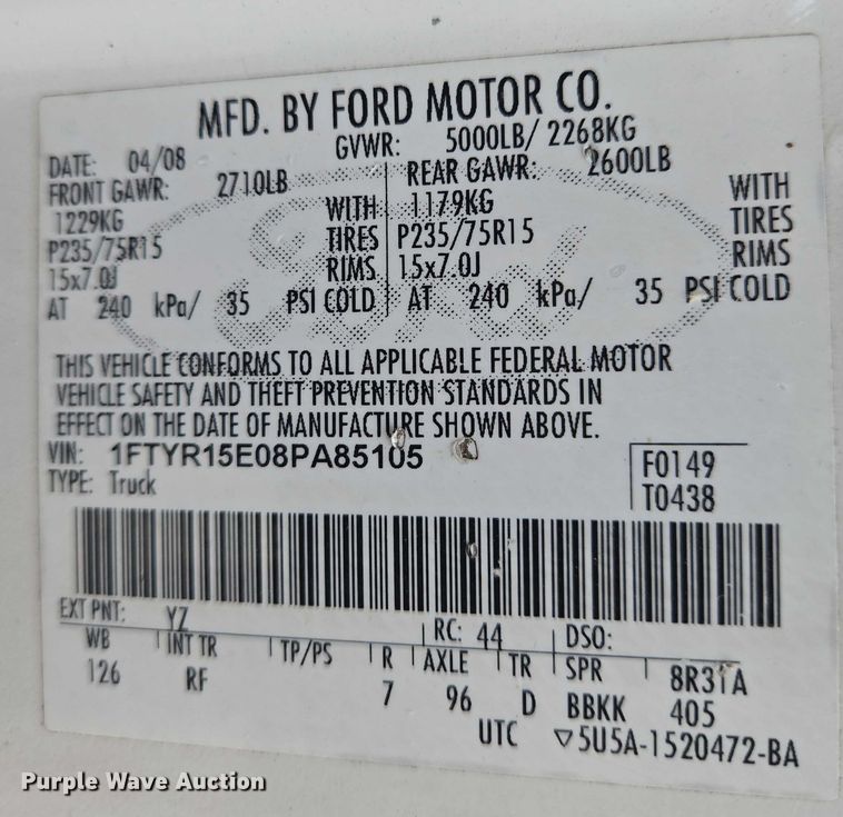 image for item EN8293 2008 Ford Ranger SuperCab pickup truck