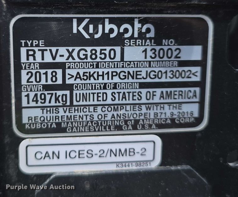 image for item EO1084 2018 Kubota RTV-XG850  Sidekick utility vehicle