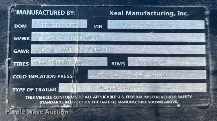 image for item ER2117 2000 Neal equipment trailer