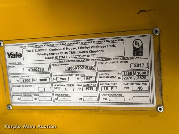 image for item MZ9395 2017 Yale NTA030SB turret truck