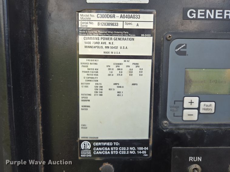 image for item DT5333 2012 Cummins C300D6R-A040A033 generator