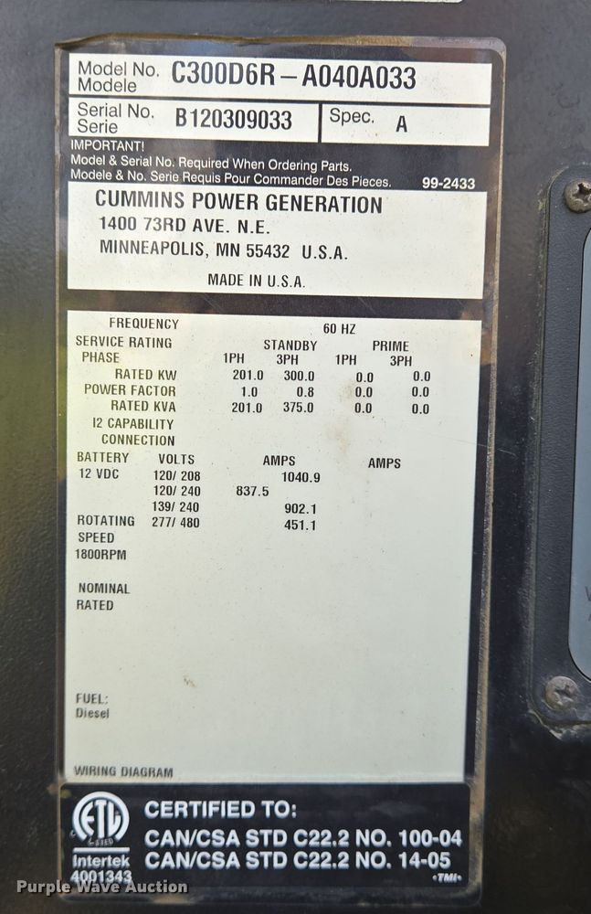 image for item DT5333 2012 Cummins C300D6R-A040A033 generator