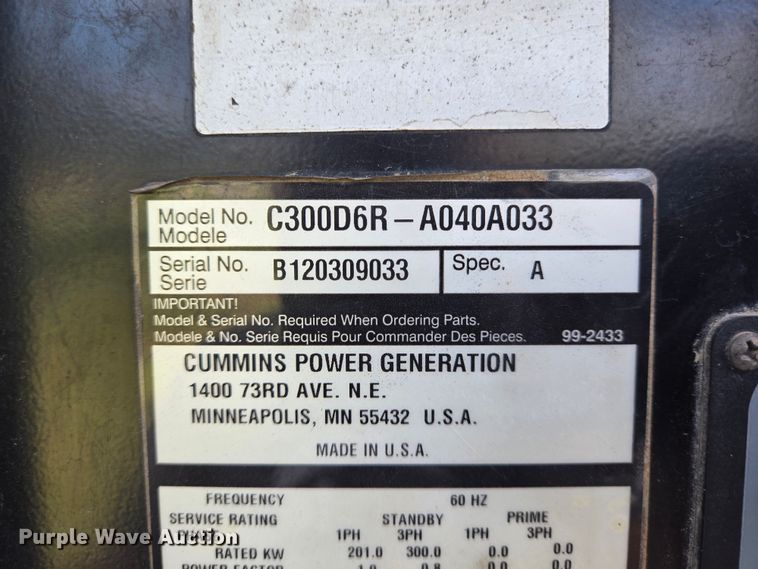 image for item DT5333 2012 Cummins C300D6R-A040A033 generator