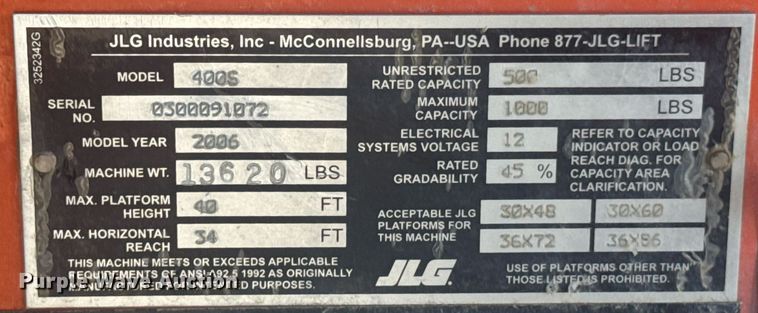 image for item DU9334 2006 JLG 400S boom lift