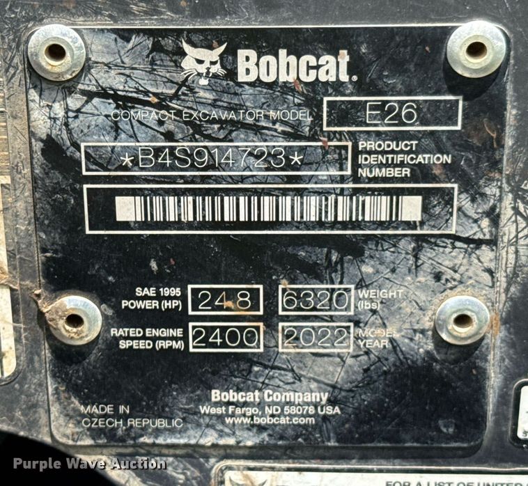 image for item DU9338 2022 Bobcat E26 mini excavator