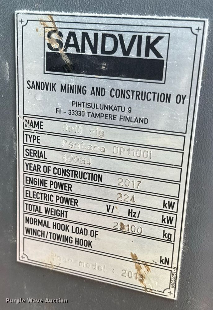 image for item DW3373 2018 Sandvik Pantera DP1100i top hammer drill