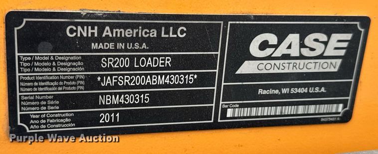 image for item DW3389 2011 Case SR200 skid steer loader