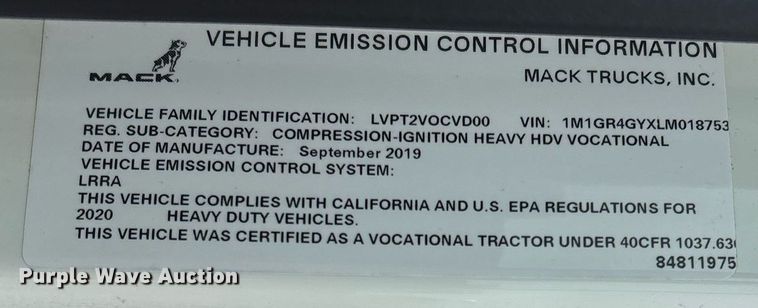 image for item DW7180 2020 Mack Granite semi truck