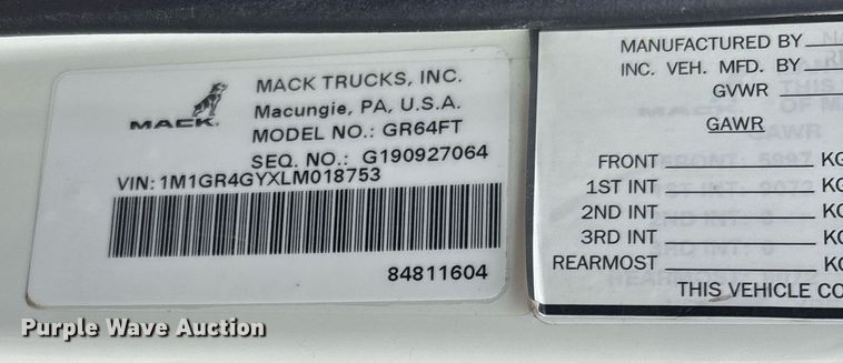 image for item DW7180 2020 Mack Granite semi truck