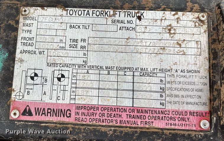 image for item DW7217 2002 Toyota 7FGU30 forklift