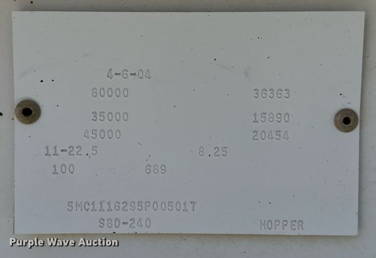 image for item DX5661 2005 CPS SBD-240 bottom dump trailer