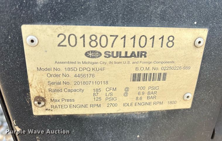 image for item DY0789 2018 Sullair 185 air compressor