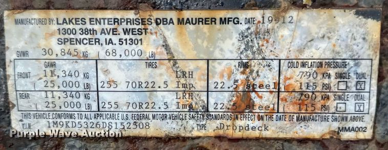 image for item EB2713 2013 Mauer Manufacturing drop deck equipment trailer