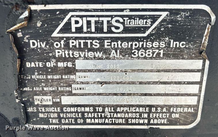 image for item EC3726 2012 Pitts Trailers lowboy equipment trailer