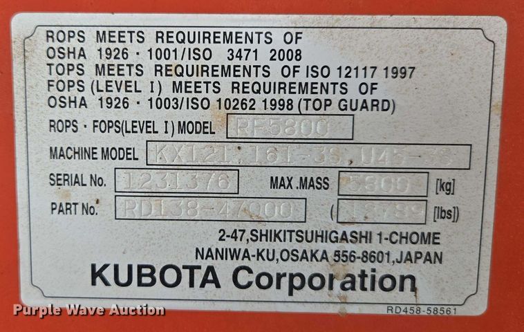 image for item ED2143 2012 Kubota KX121-3ST mini excavator