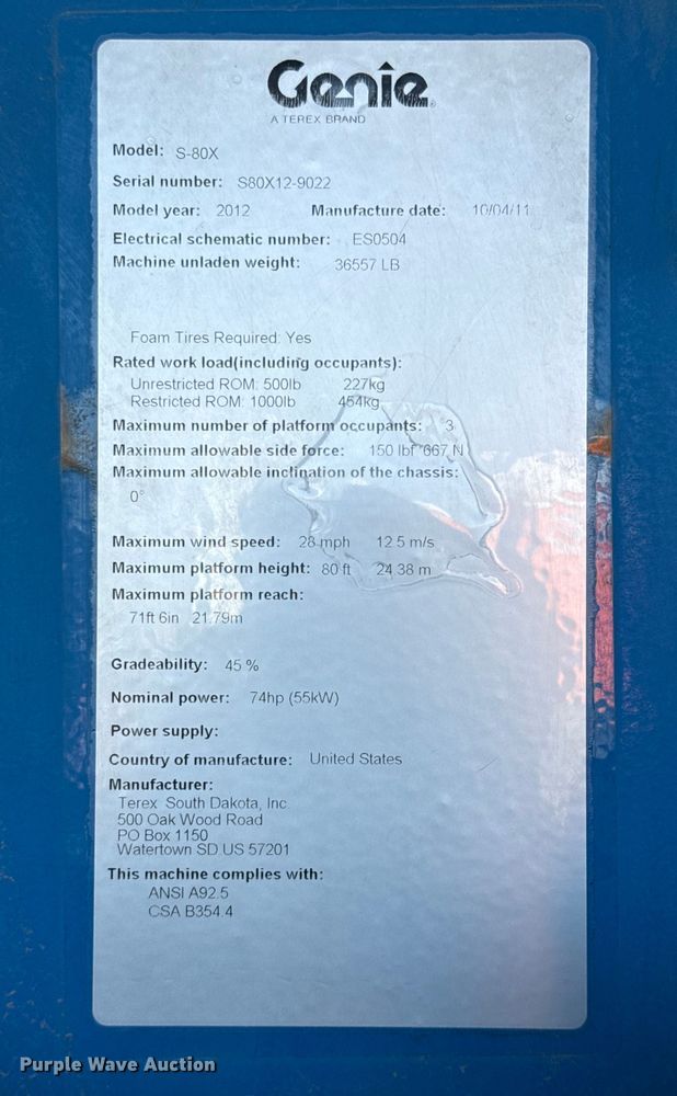 image for item ED5789 2012 Genie S-80X boom lift