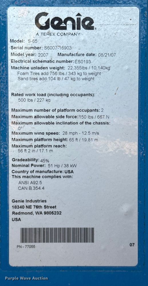 image for item ED5790 2007 Genie S-65  boom lift