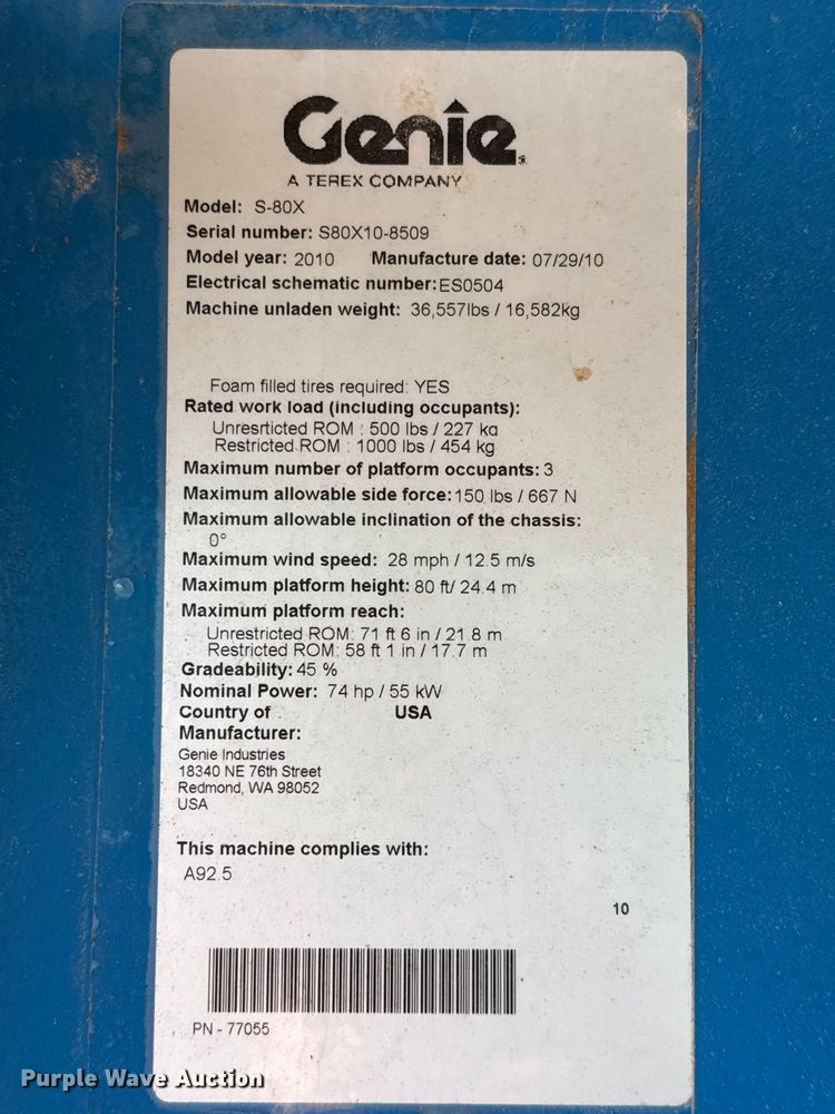 image for item ED5791 2010 Genie S-80X boom lift
