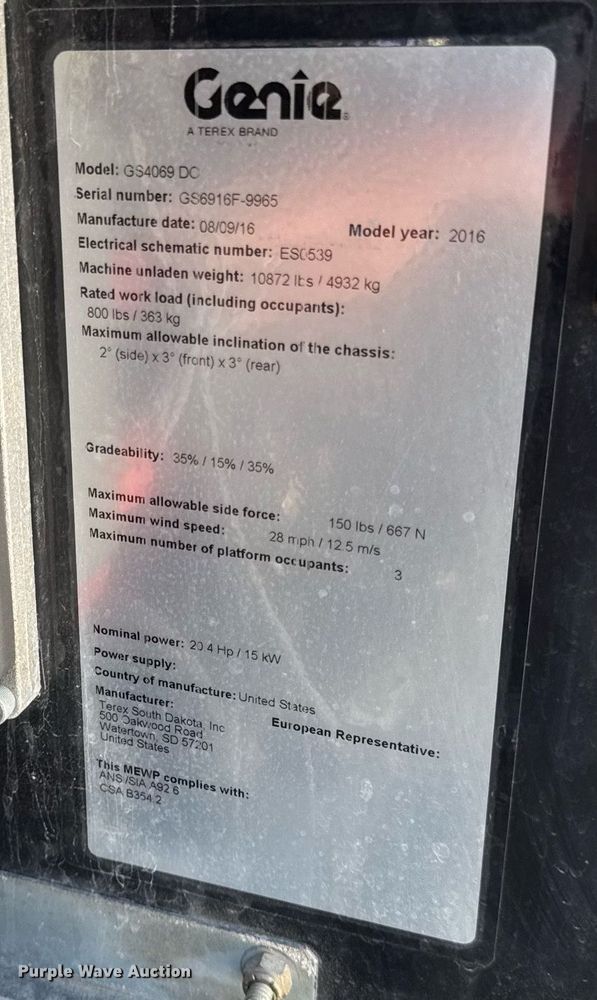 image for item EF2086 2016 Genie GS4069DC scissor lift