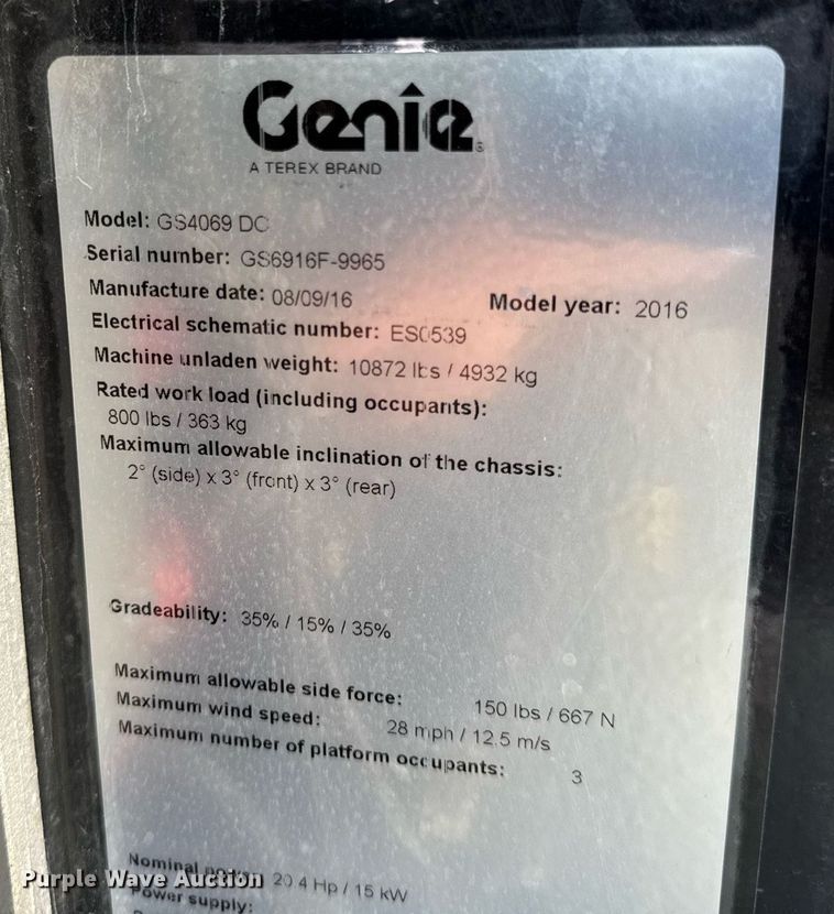 image for item EF2086 2016 Genie GS4069DC scissor lift