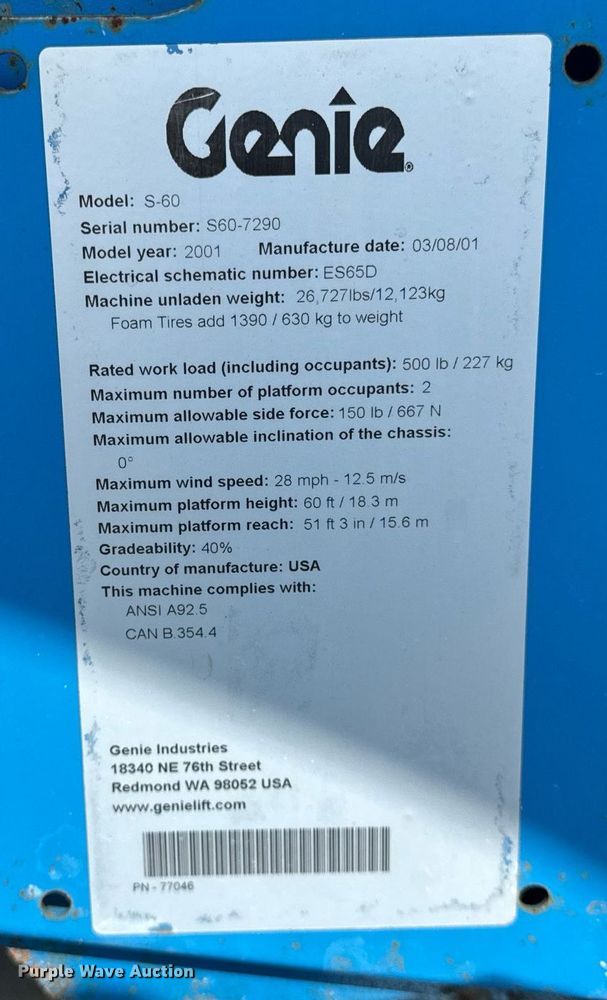 image for item EF2087 2001 Genie S60 boom lift