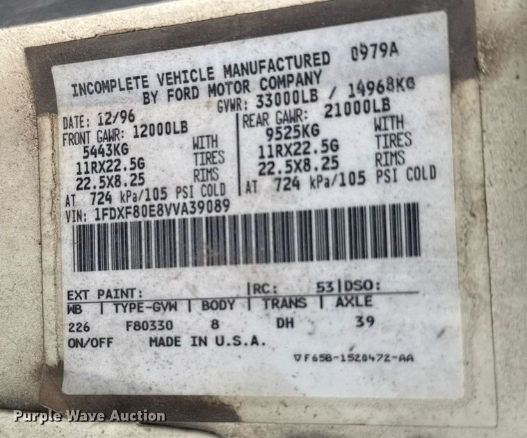 image for item EG6552 1997 Ford F800 crane truck