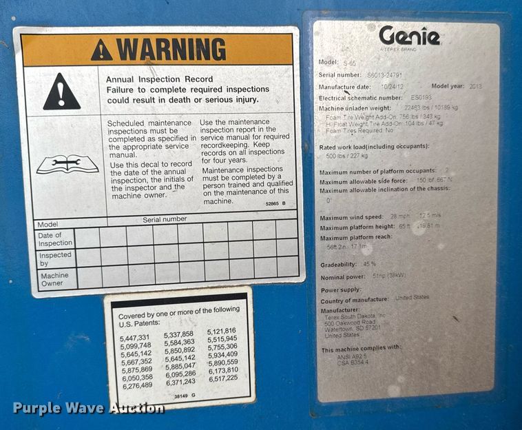 image for item EN4676 2013 Genie S-65 boom lift