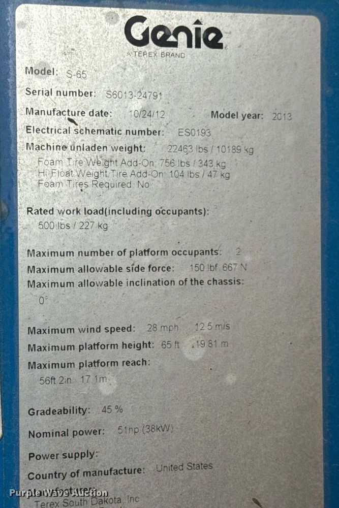 image for item EN4676 2013 Genie S-65 boom lift