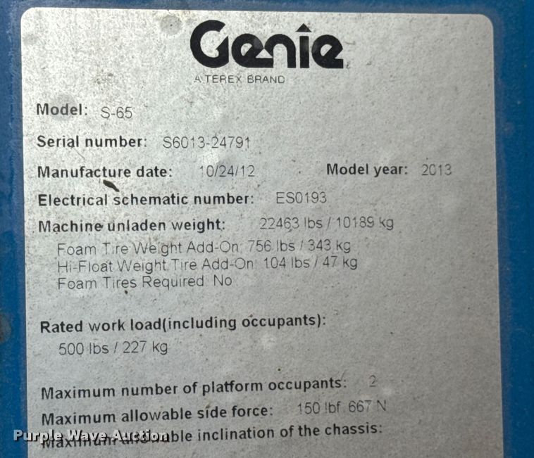 image for item EN4676 2013 Genie S-65 boom lift