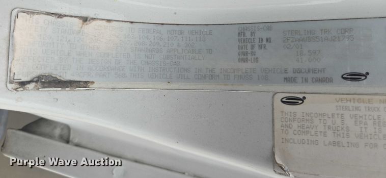 image for item EQ4067 2001 Sterling sewer jetter truck