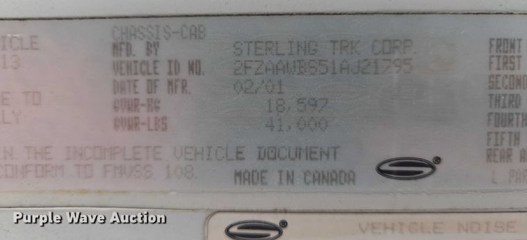 image for item EQ4067 2001 Sterling sewer jetter truck