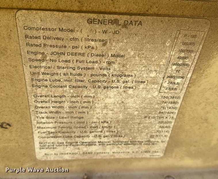 image for item ER2141 1995 Ingersoll-Rand P185WJD air compressor