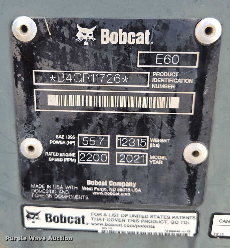 image for item YA0745 2021 Bobcat E60 mini excavator