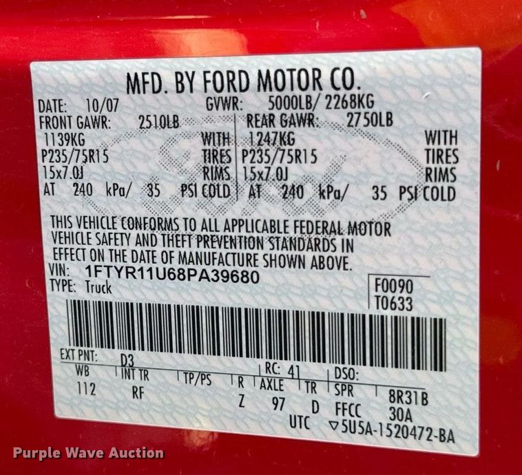 image for item DI9976 2008 Ford Ranger pickup truck