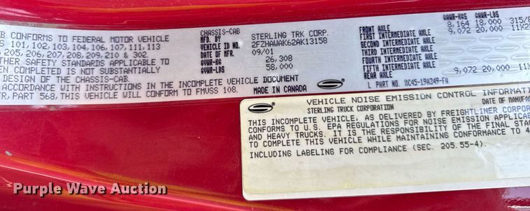 image for item DJ9189 2002 Sterling L8500 dump truck