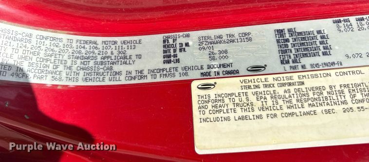 image for item DJ9189 2002 Sterling L8500 dump truck