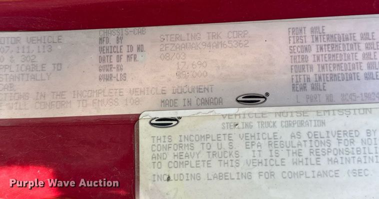 image for item DJ9230 2004 Sterling L8500 dump truck