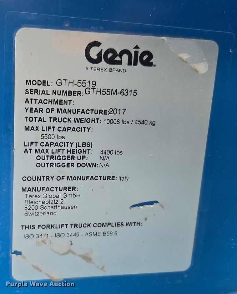 image for item DR3909 2017 Genie GTH-5519 telehandler