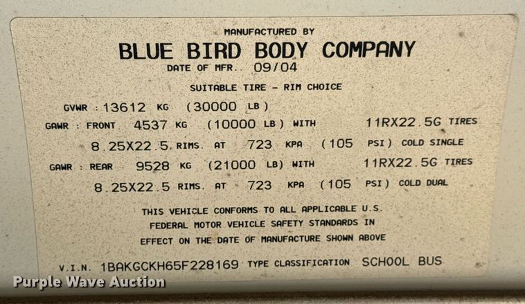 image for item DU9357 2005 Blue Bird Vision school bus