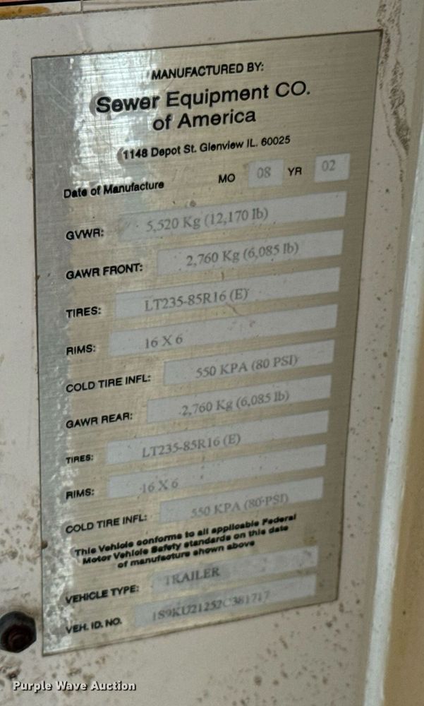 image for item DU9365 2002 Sewer Equipment Co. 747-FR2000 sewer jetter trailer