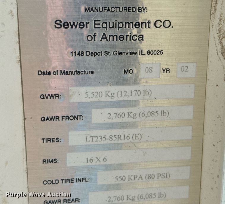 image for item DU9365 2002 Sewer Equipment Co. 747-FR2000 sewer jetter trailer