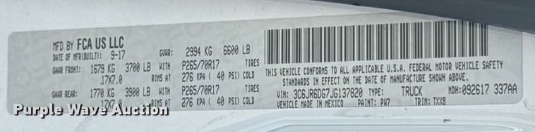 image for item DU9369 2018 Dodge Ram 1500 pickup truck