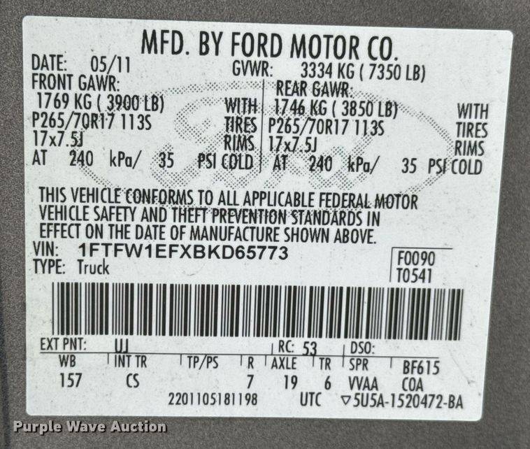 image for item DU9374 2011 Ford F150 XL SuperCrew pickup truck