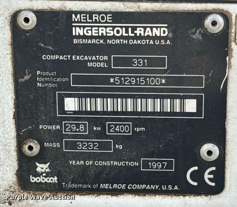 image for item DU9390 1998 Bobcat 331 mini excavator