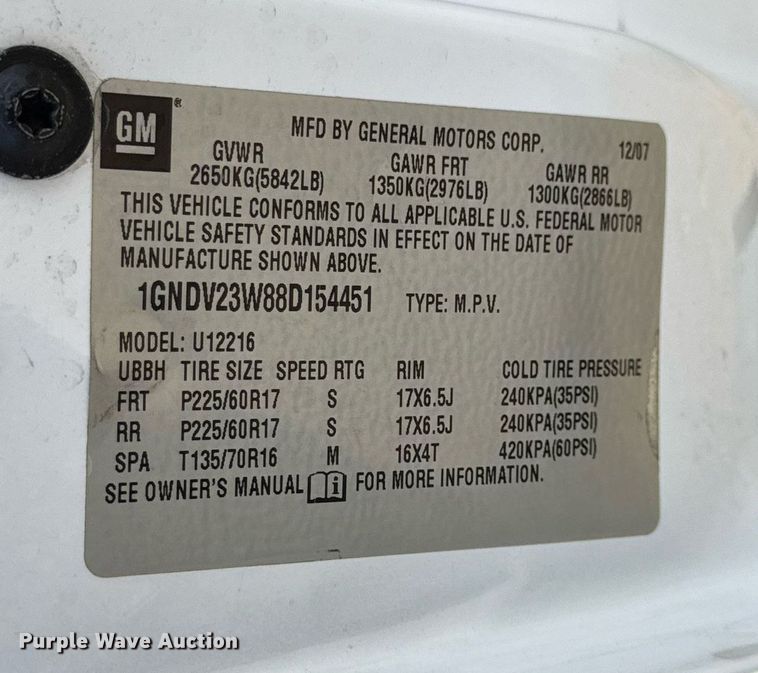 image for item DW3403 2008 Chevrolet Uplander LS van